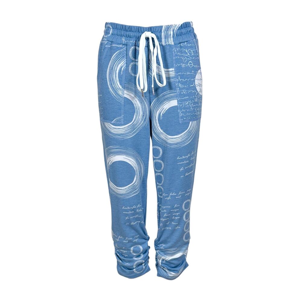 Womens Blue Capri Pull On Pants Size L Script Print NWT Artex Fashions